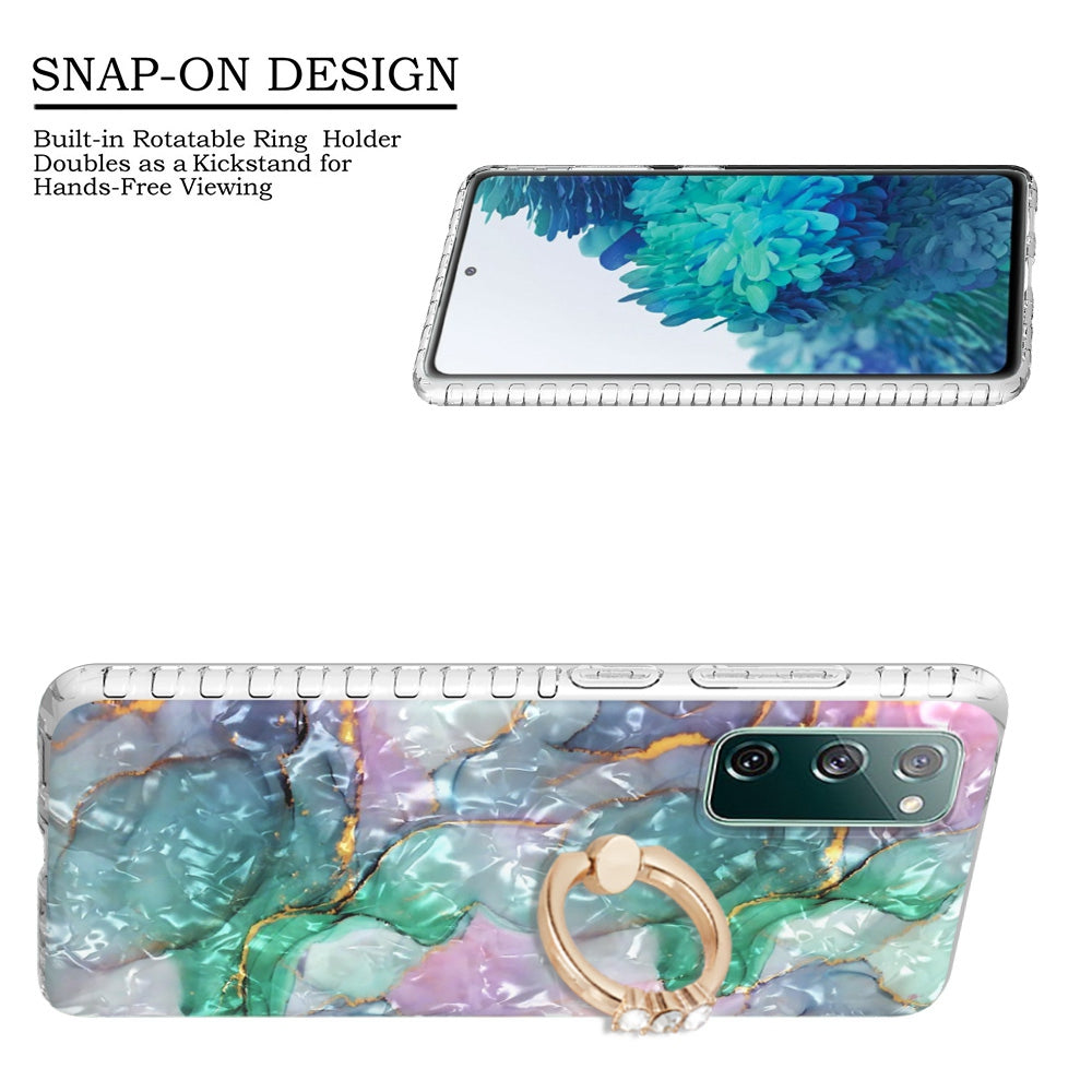 For Samsung Galaxy S20 FE 2022 / S20 FE 4G / 5G / S20 Lite YB IMD Series-14 Anti-scratch Soft TPU 2.0mm Dual-layer IMD IML Phone Case with Kickstand - BK011-Green Marble