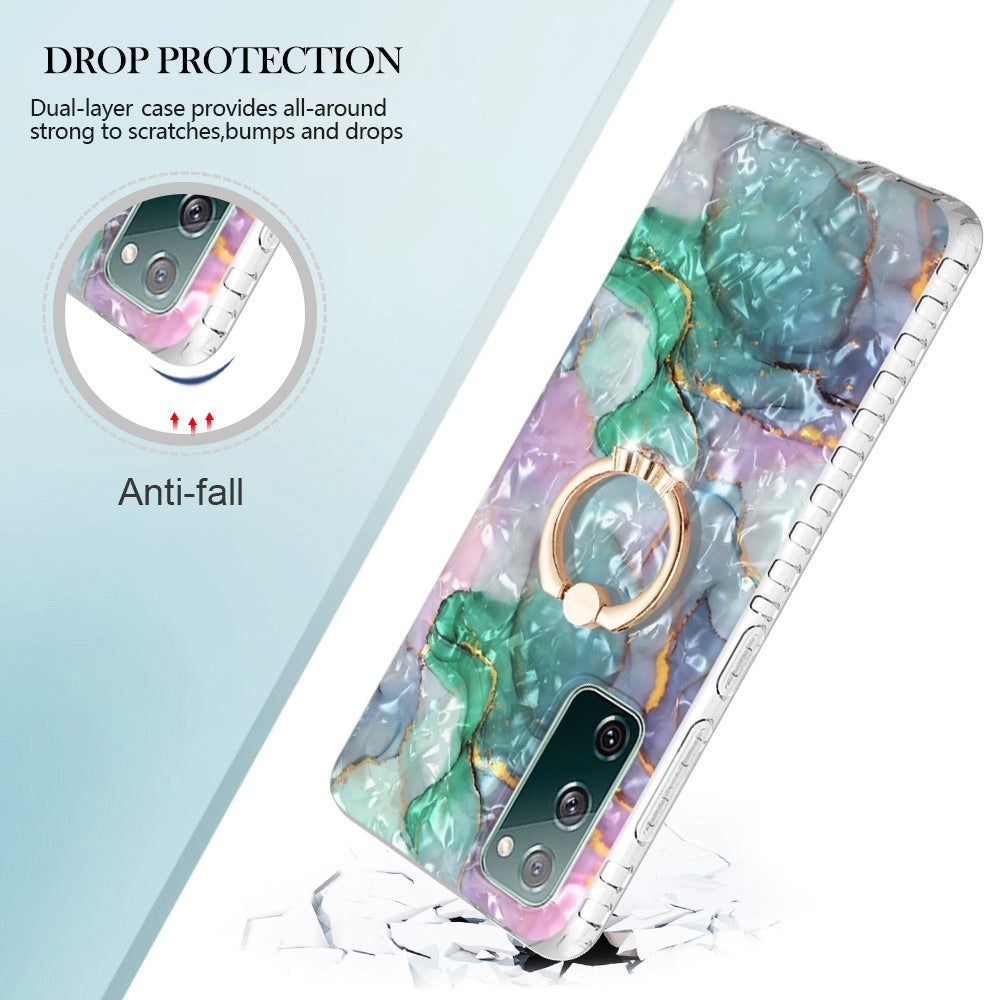 For Samsung Galaxy S20 FE 2022 / S20 FE 4G / 5G / S20 Lite YB IMD Series-14 Anti-scratch Soft TPU 2.0mm Dual-layer IMD IML Phone Case with Kickstand - BK011-Green Marble