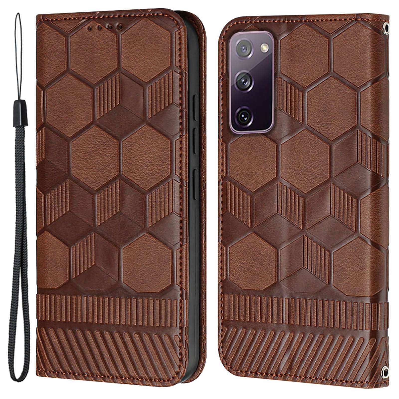 YB Imprinting Series-5 For Samsung Galaxy S20 FE / S20 FE 5G / S20 FE (2022) / S20 Lite Soccer Pattern Imprinted Leather Case Stand Wallet Phone Cover - Brown