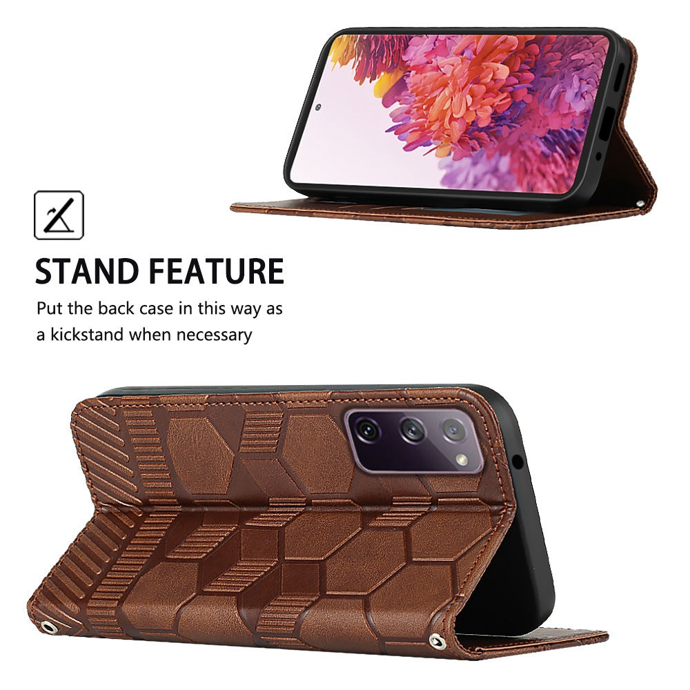 YB Imprinting Series-5 For Samsung Galaxy S20 FE / S20 FE 5G / S20 FE (2022) / S20 Lite Soccer Pattern Imprinted Leather Case Stand Wallet Phone Cover - Brown