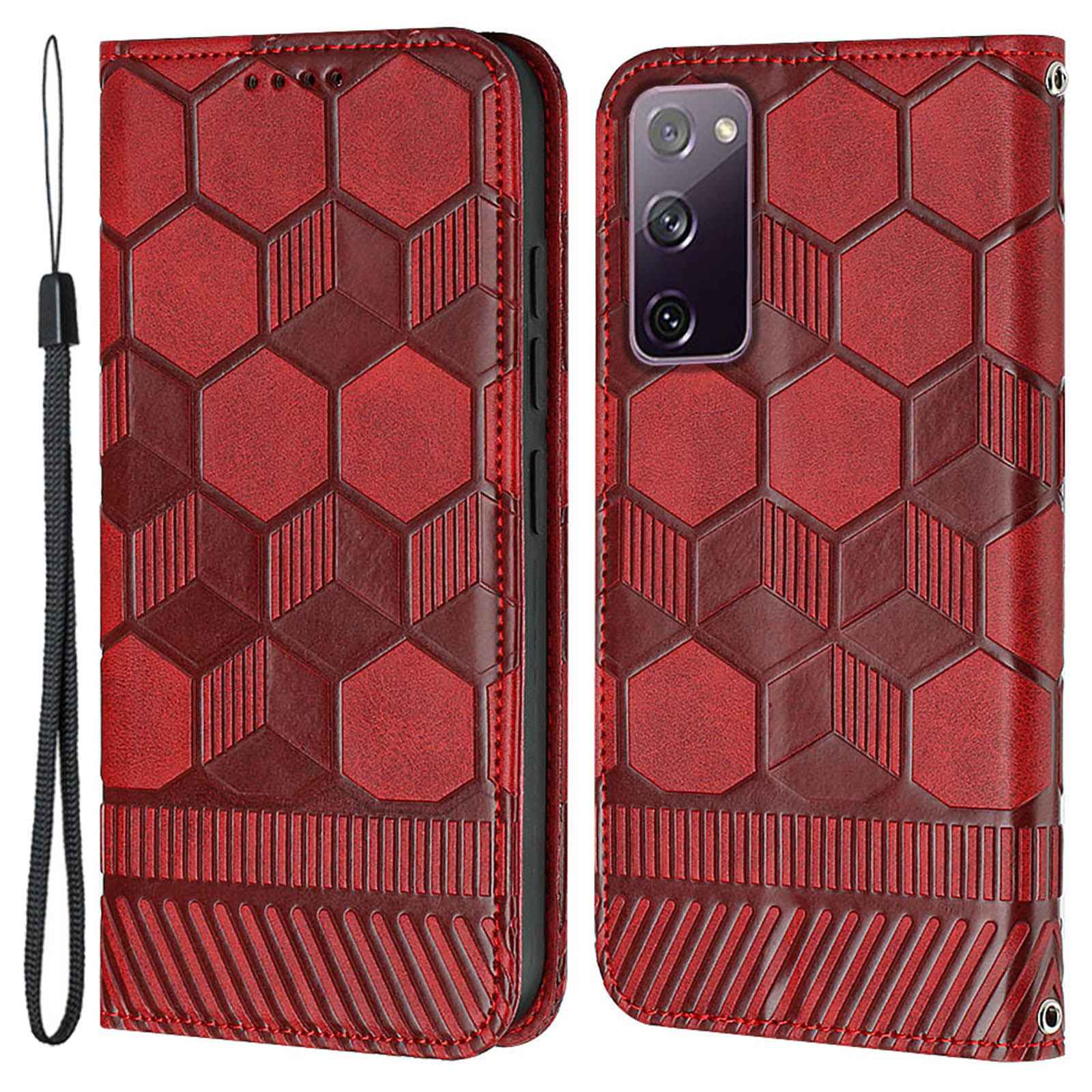 YB Imprinting Series-5 For Samsung Galaxy S20 FE / S20 FE 5G / S20 FE (2022) / S20 Lite Soccer Pattern Imprinted Leather Case Stand Wallet Phone Cover - Red