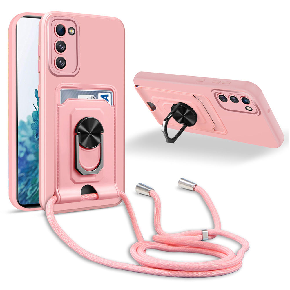 For Samsung Galaxy S20 FE 4G / 5G / S20 FE 2022 / S20 Lite Ultra Slim Phone Case Kickstand Multi-functional Ring Holder Back Cover with Card Slot and Lanyard - Pink