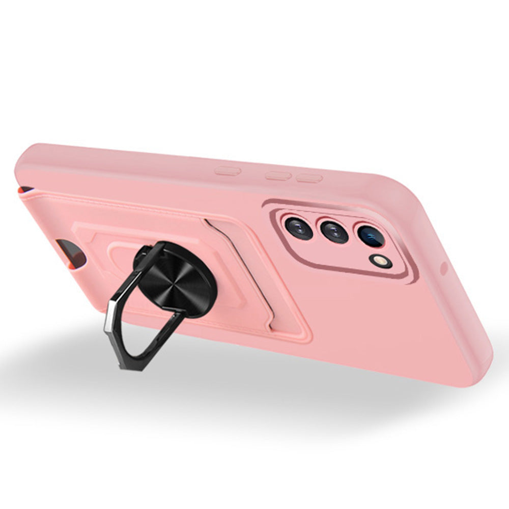 For Samsung Galaxy S20 FE 4G / 5G / S20 FE 2022 / S20 Lite Ultra Slim Phone Case Kickstand Multi-functional Ring Holder Back Cover with Card Slot and Lanyard - Pink