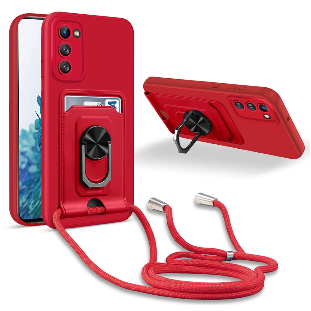 For Samsung Galaxy S20 FE 4G / 5G / S20 FE 2022 / S20 Lite Ultra Slim Phone Case Kickstand Multi-functional Ring Holder Back Cover with Card Slot and Lanyard - Red