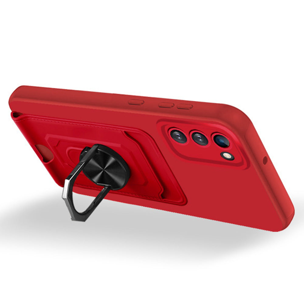 For Samsung Galaxy S20 FE 4G / 5G / S20 FE 2022 / S20 Lite Ultra Slim Phone Case Kickstand Multi-functional Ring Holder Back Cover with Card Slot and Lanyard - Red