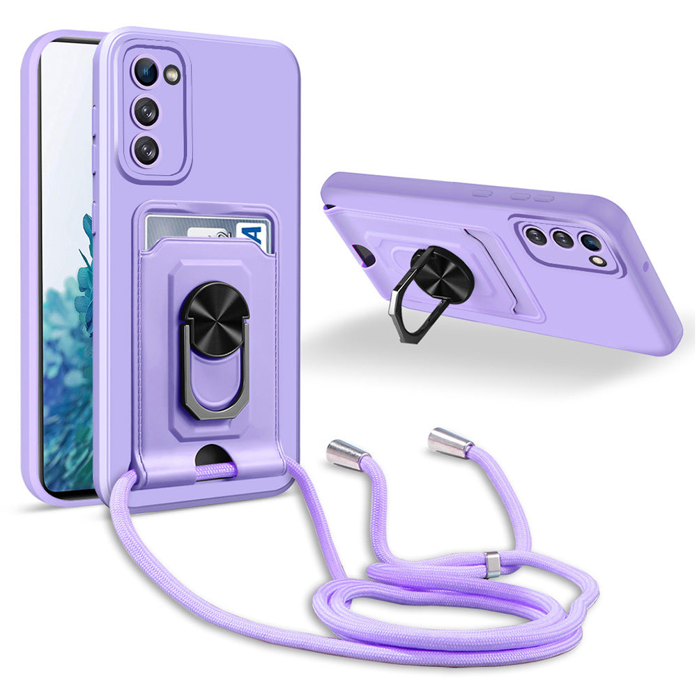 For Samsung Galaxy S20 FE 4G / 5G / S20 FE 2022 / S20 Lite Ultra Slim Phone Case Kickstand Multi-functional Ring Holder Back Cover with Card Slot and Lanyard - Purple