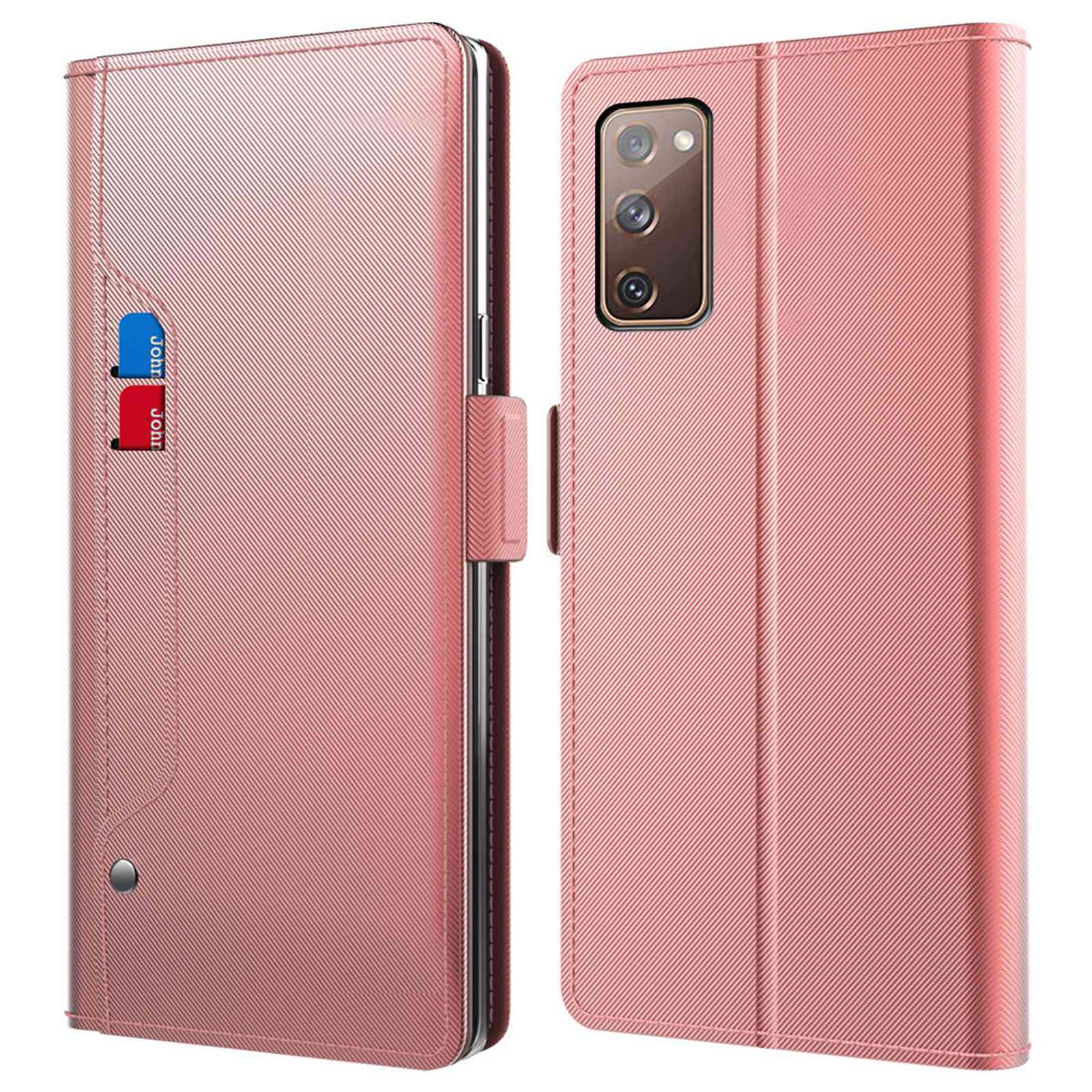 For Samsung Galaxy S20 FE / S20 FE 5G / S20 FE 2022 / S20 Lite Mirror Function PU Leather Stand Card Holder Case Magnetic Clasp Phone Cover - Rose Gold