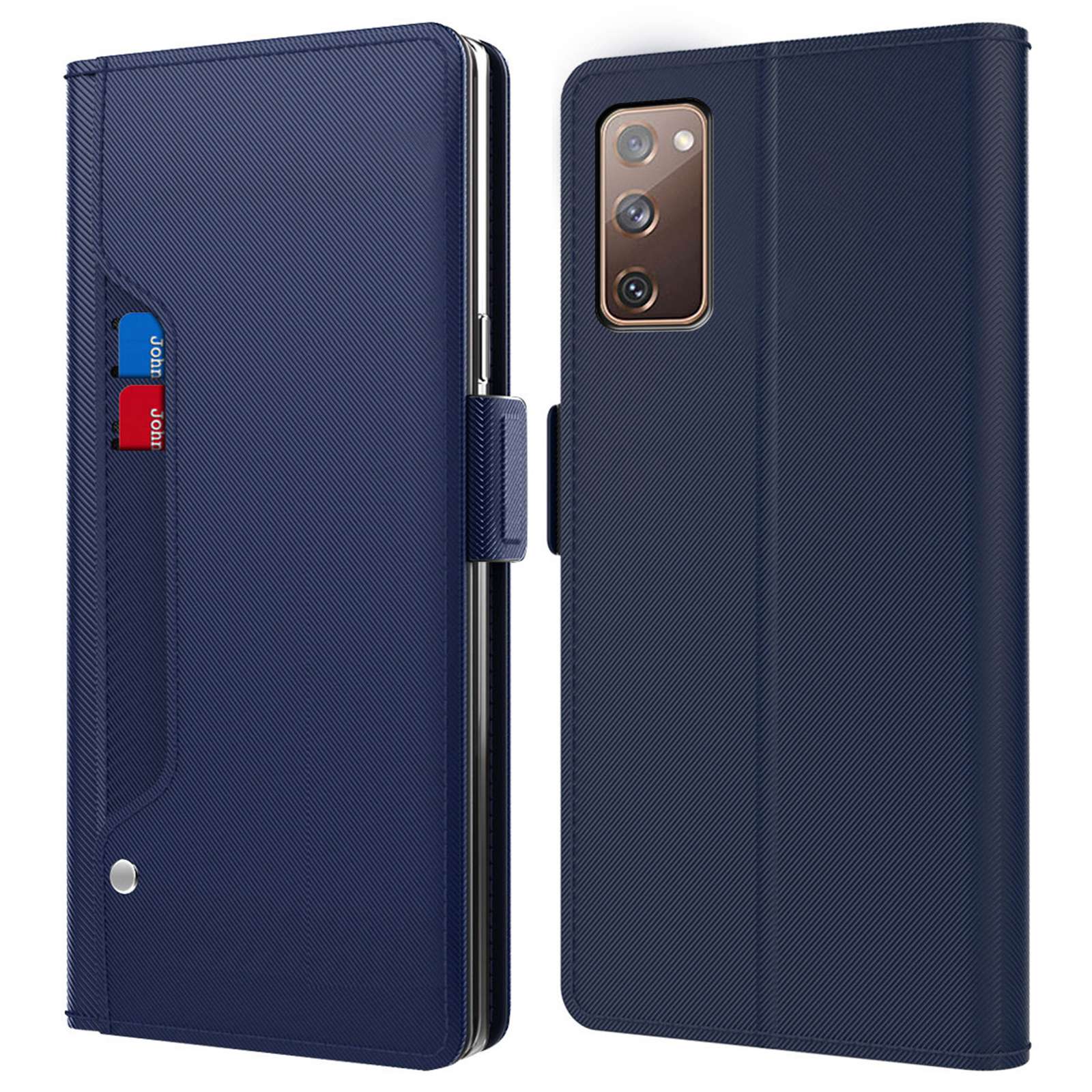 For Samsung Galaxy S20 FE / S20 FE 5G / S20 FE 2022 / S20 Lite Mirror Function PU Leather Stand Card Holder Case Magnetic Clasp Phone Cover - Blue