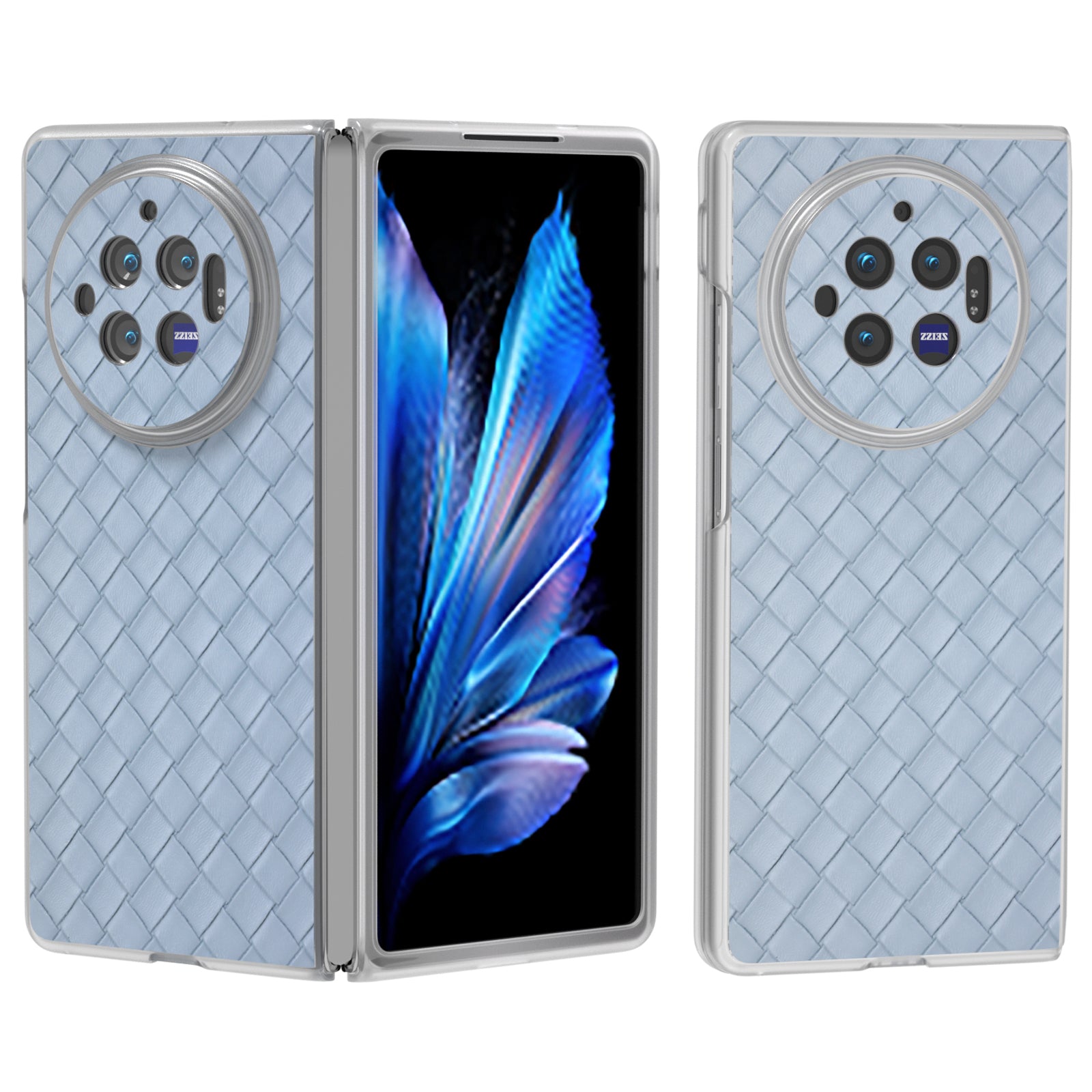 For vivo X Fold3 Case Woven Texture PU Leather Phone Cover with Transparent Matte Frame - Baby Blue