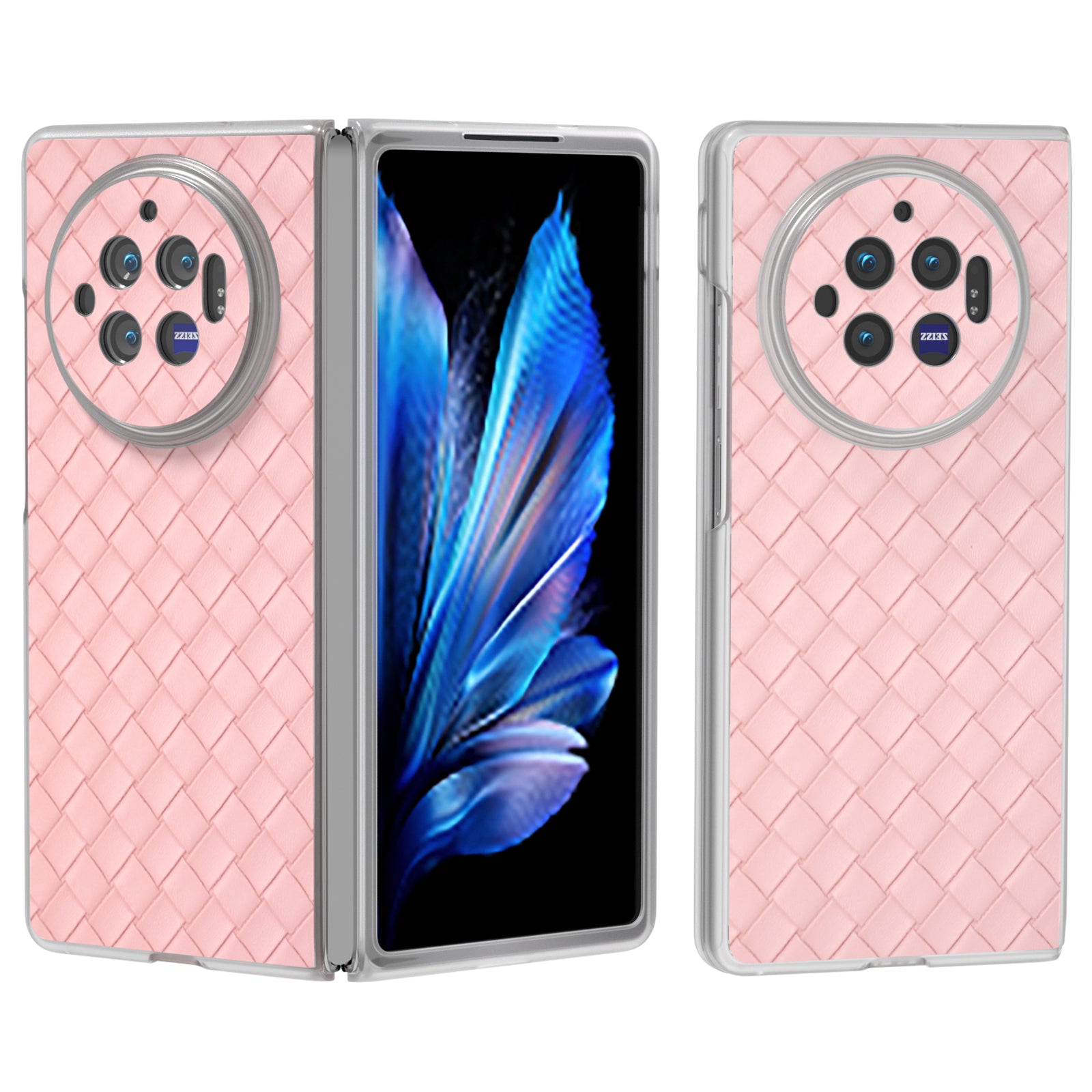 For vivo X Fold3 Case Woven Texture PU Leather Phone Cover with Transparent Matte Frame - Pink