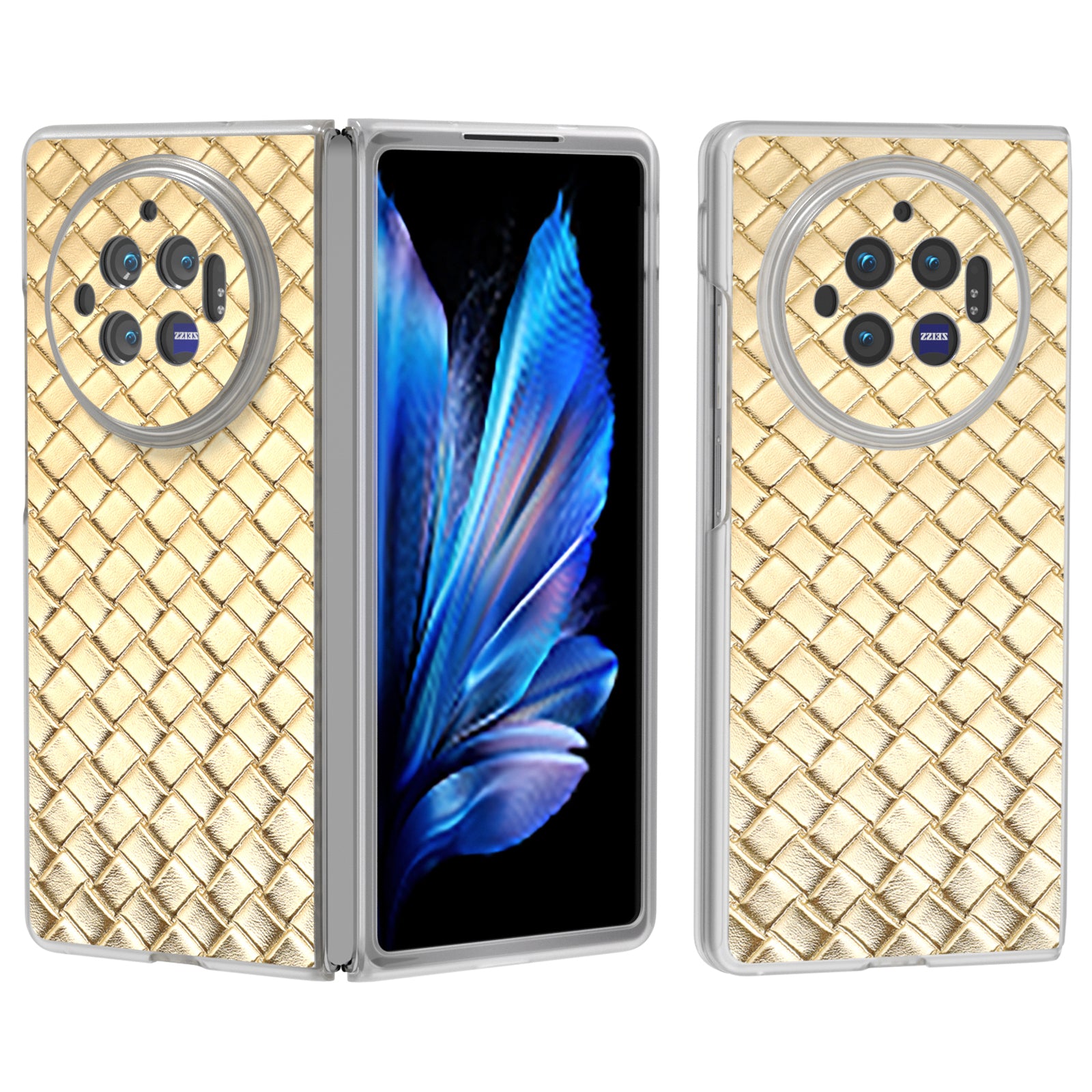 For vivo X Fold3 Case Woven Texture PU Leather Phone Cover with Transparent Matte Frame - Gold