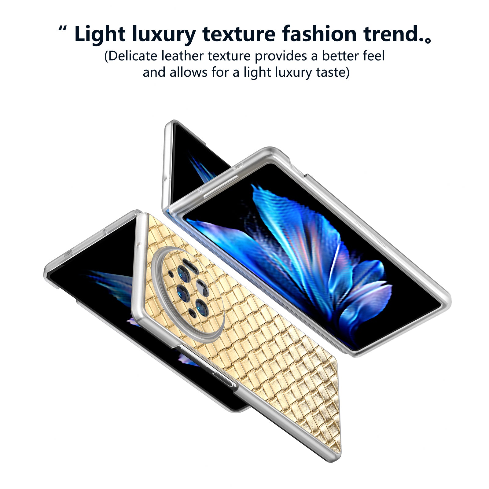 For vivo X Fold3 Case Woven Texture PU Leather Phone Cover with Transparent Matte Frame - Gold