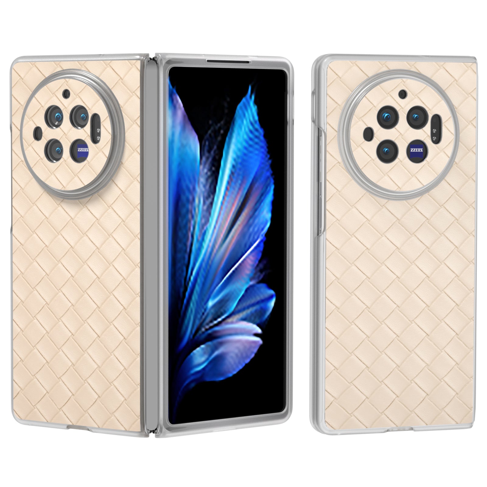 For vivo X Fold3 Case Woven Texture PU Leather Phone Cover with Transparent Matte Frame - Beige