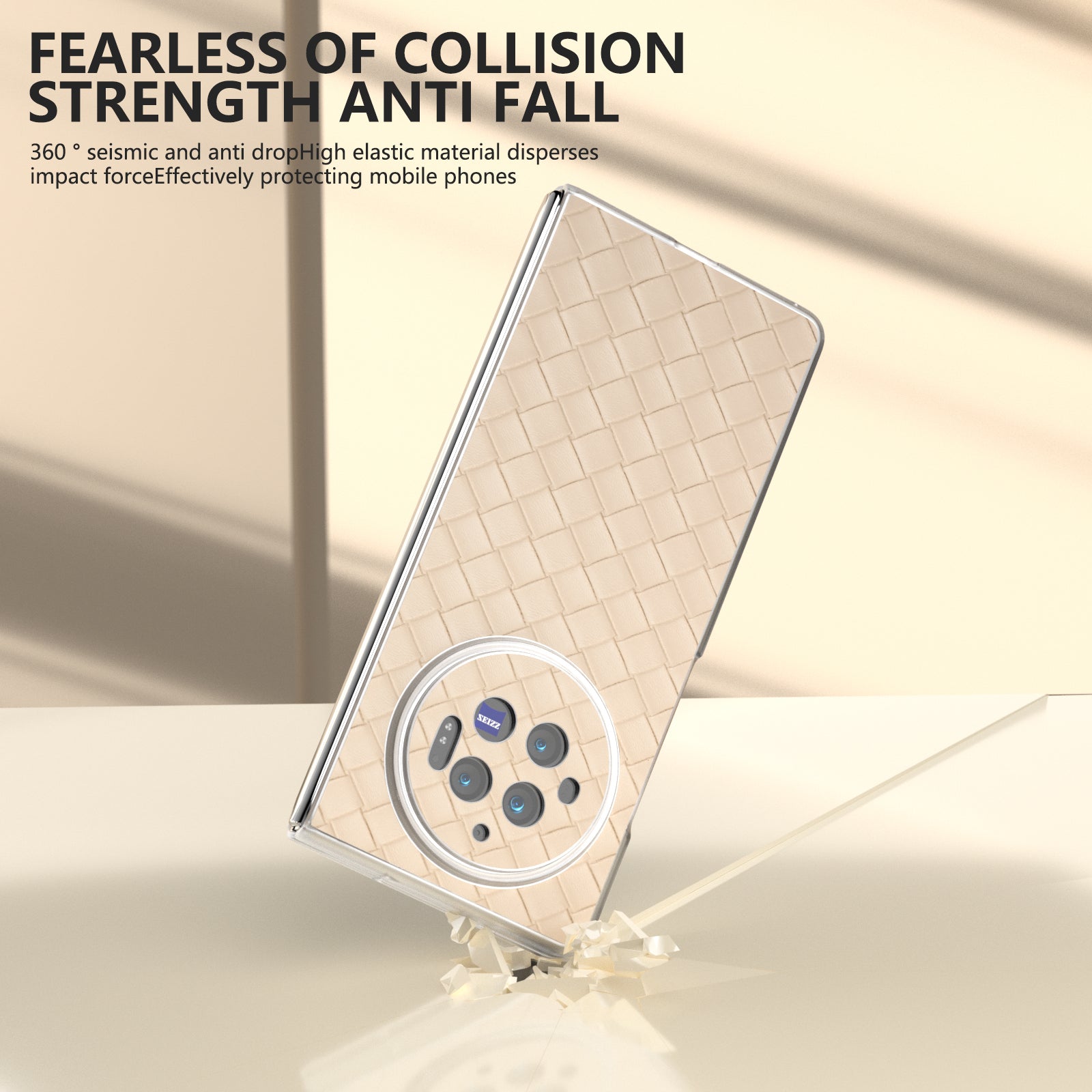 For vivo X Fold3 Case Woven Texture PU Leather Phone Cover with Transparent Matte Frame - Beige