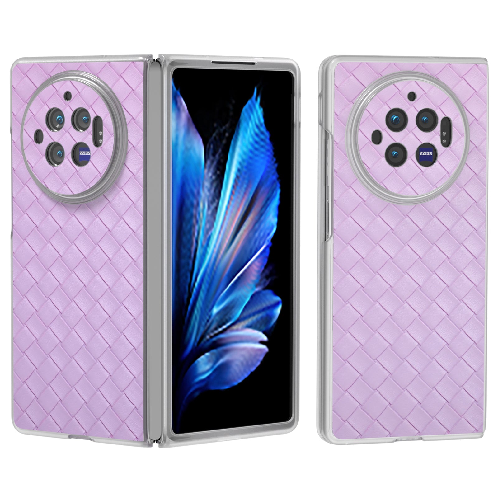 For vivo X Fold3 Case Woven Texture PU Leather Phone Cover with Transparent Matte Frame - Purple