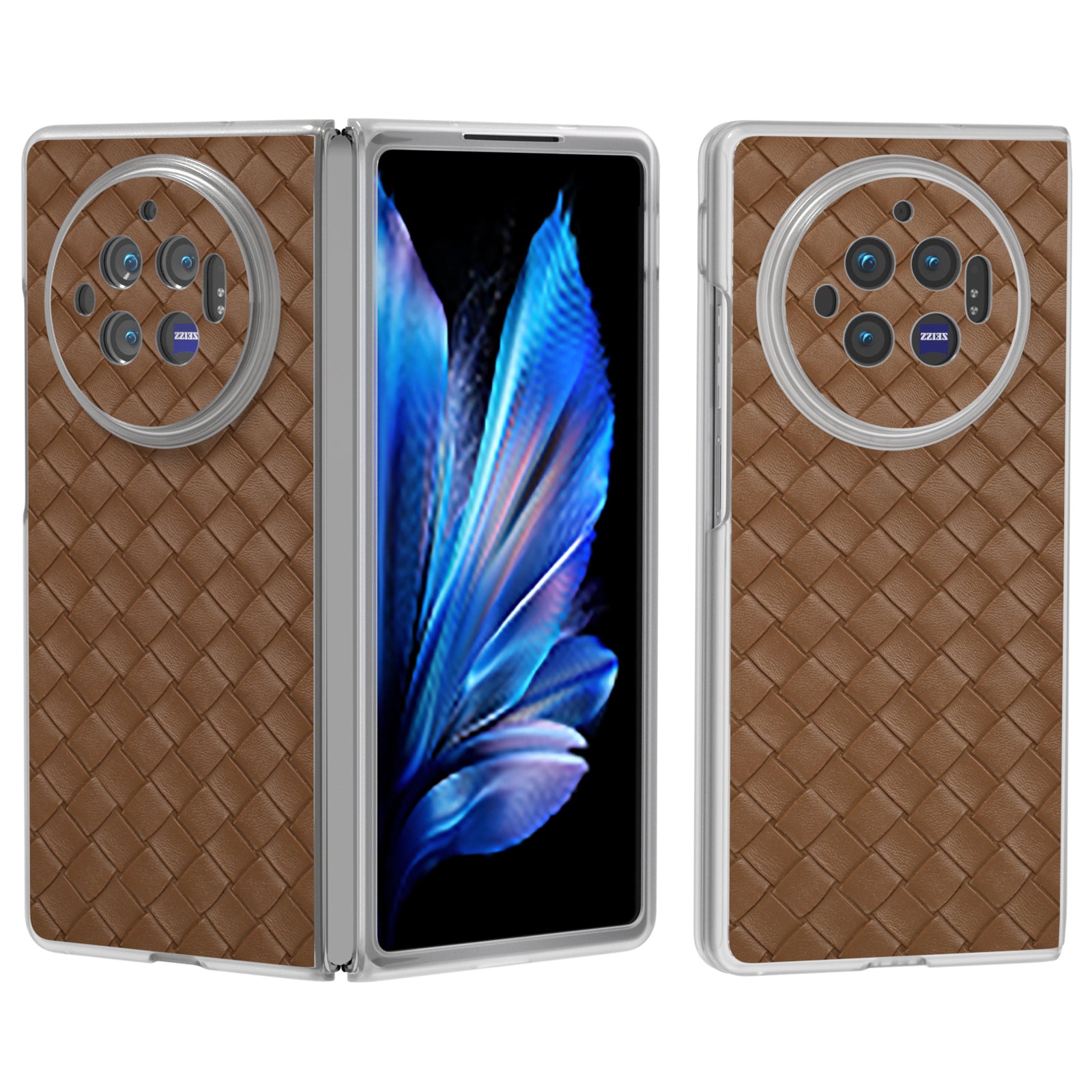 For vivo X Fold3 Case Woven Texture PU Leather Phone Cover with Transparent Matte Frame - Brown