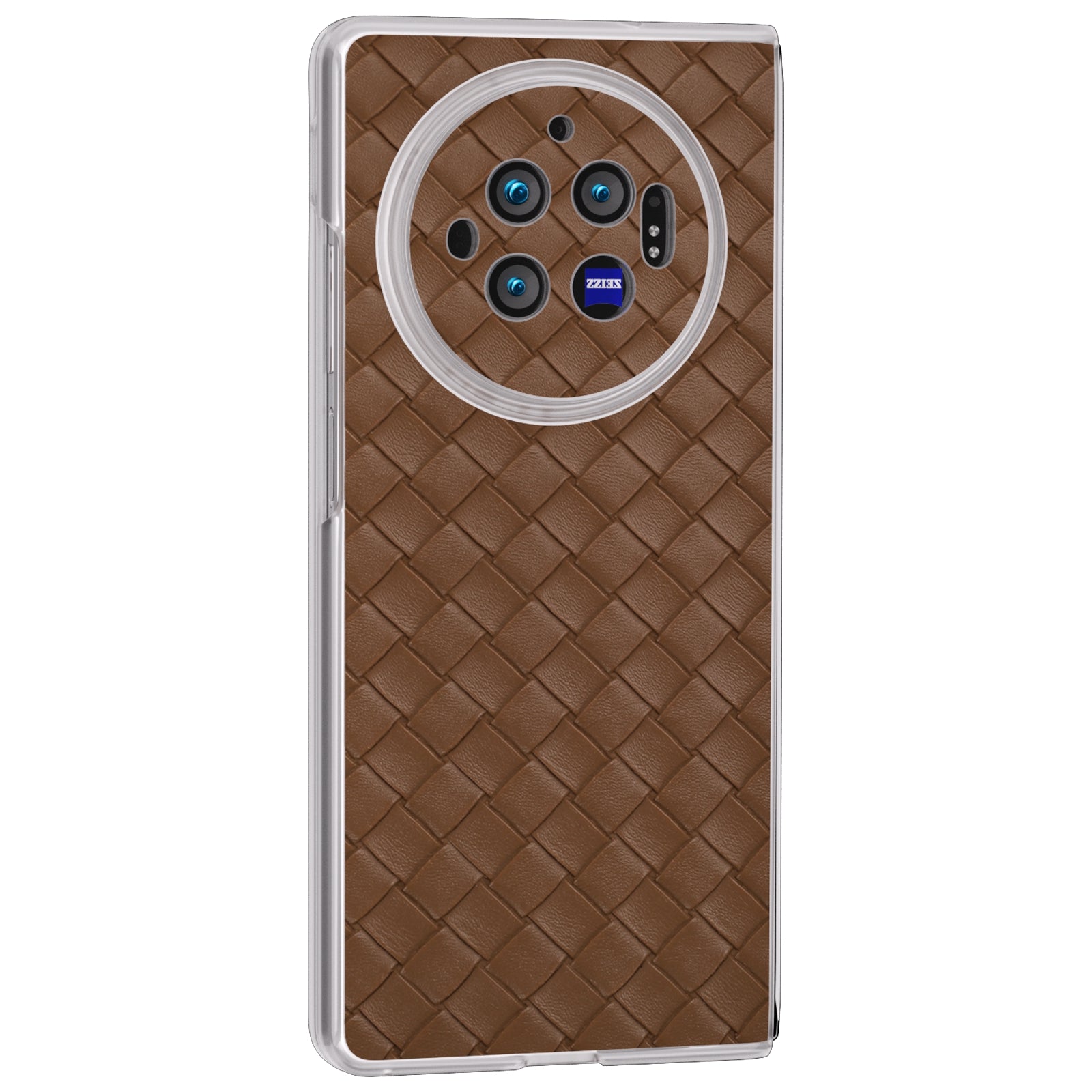 For vivo X Fold3 Case Woven Texture PU Leather Phone Cover with Transparent Matte Frame - Brown