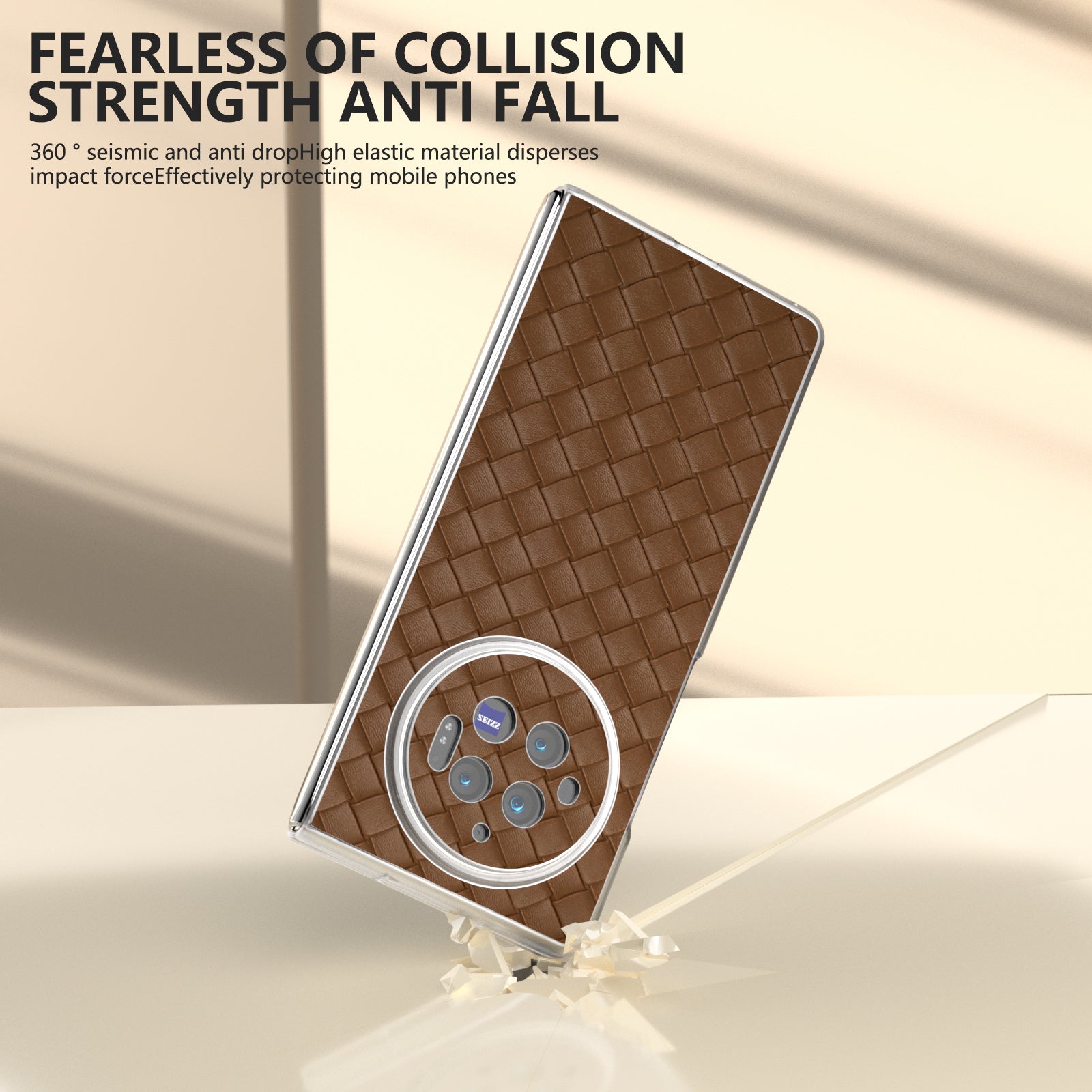 For vivo X Fold3 Case Woven Texture PU Leather Phone Cover with Transparent Matte Frame - Brown