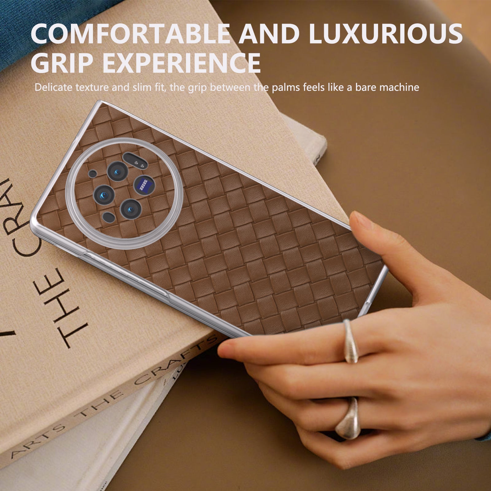 For vivo X Fold3 Case Woven Texture PU Leather Phone Cover with Transparent Matte Frame - Brown