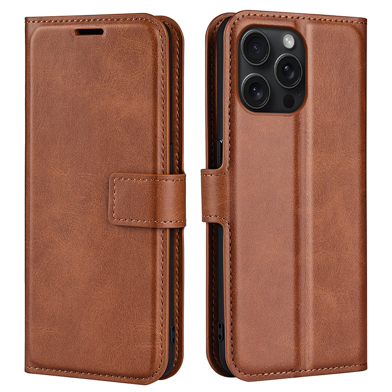 For iPhone 16 Pro Case Magnetic Clasp Calf Texture Flip Leather Phone Cover - Light Brown