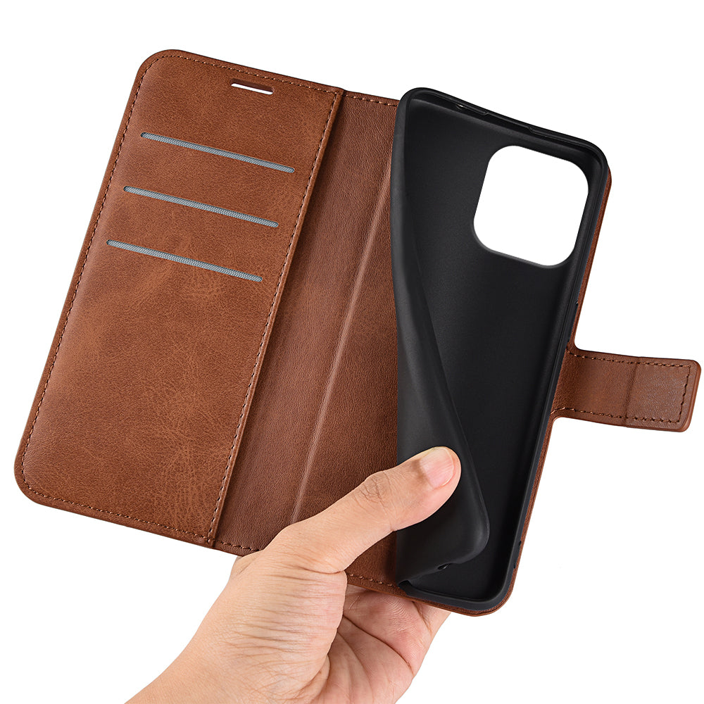 For iPhone 16 Pro Case Magnetic Clasp Calf Texture Flip Leather Phone Cover - Light Brown