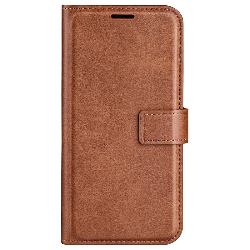 For iPhone 16 Pro Case Magnetic Clasp Calf Texture Flip Leather Phone Cover - Light Brown