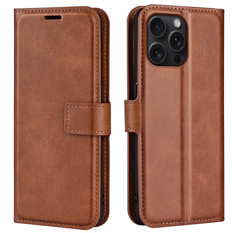 For iPhone 16 Pro Max Case Calf Texture PU Leather Folio Flip Wallet Phone Cover - Light Brown