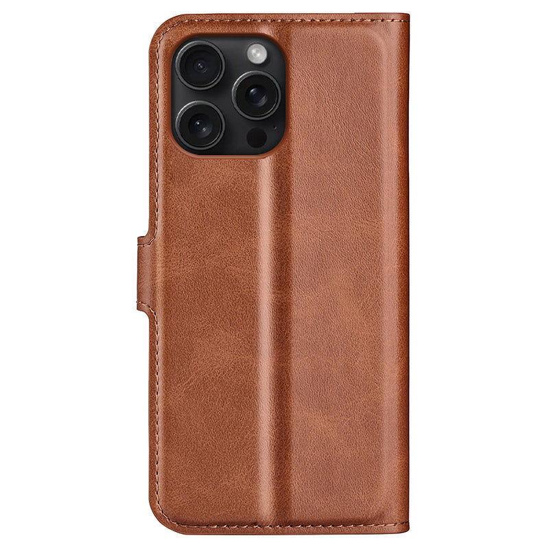 For iPhone 16 Pro Max Case Calf Texture PU Leather Folio Flip Wallet Phone Cover - Light Brown