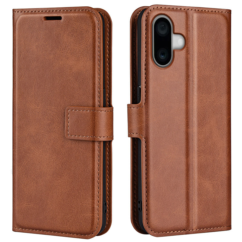 For iPhone 16 Plus Case Calf Texture PU Leather Phone Cover with Card Holder Stand - Light Brown