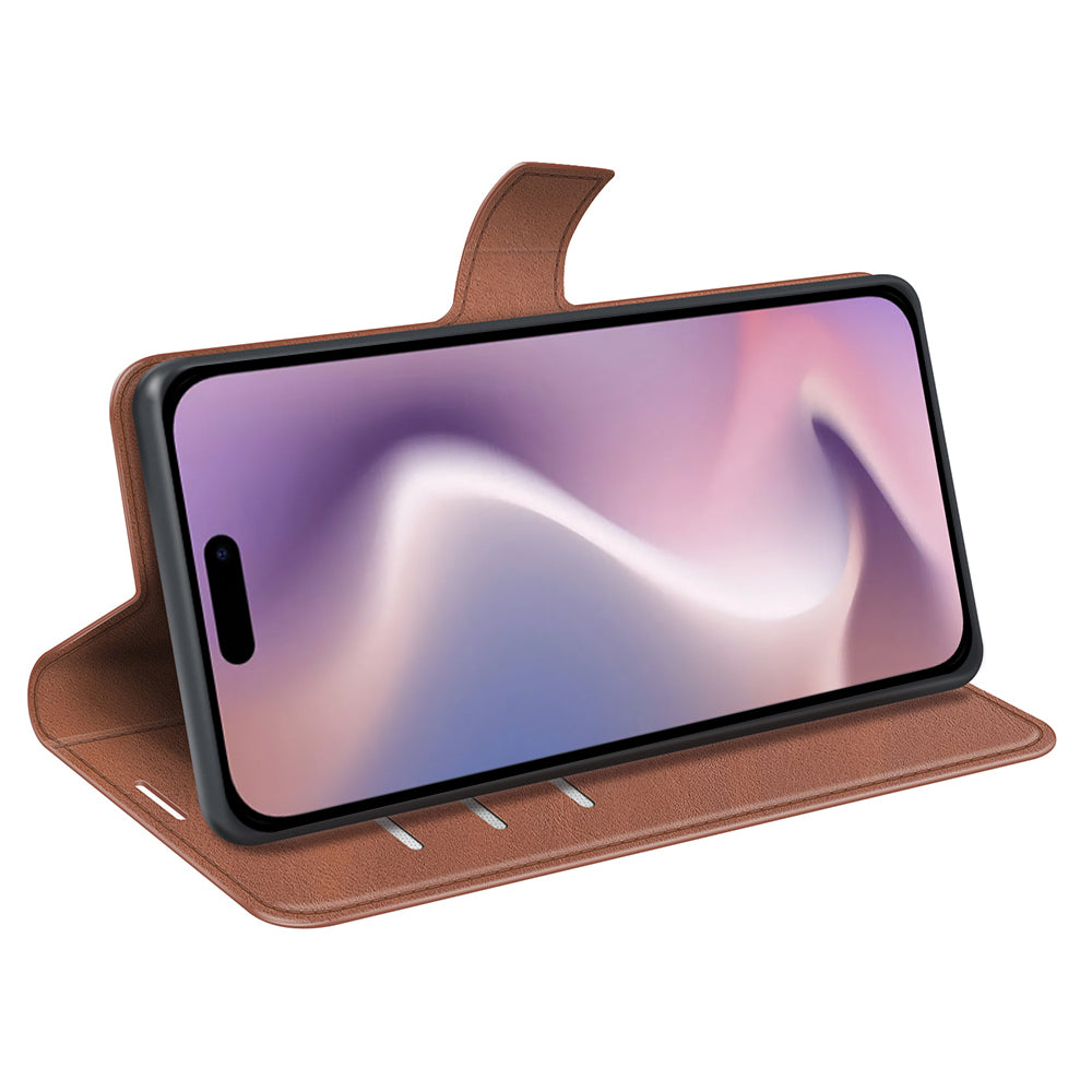 For iPhone 16 Plus Case Calf Texture PU Leather Phone Cover with Card Holder Stand - Light Brown