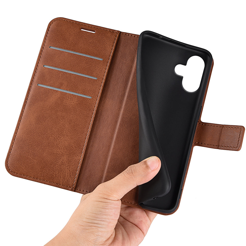 For iPhone 16 Plus Case Calf Texture PU Leather Phone Cover with Card Holder Stand - Light Brown