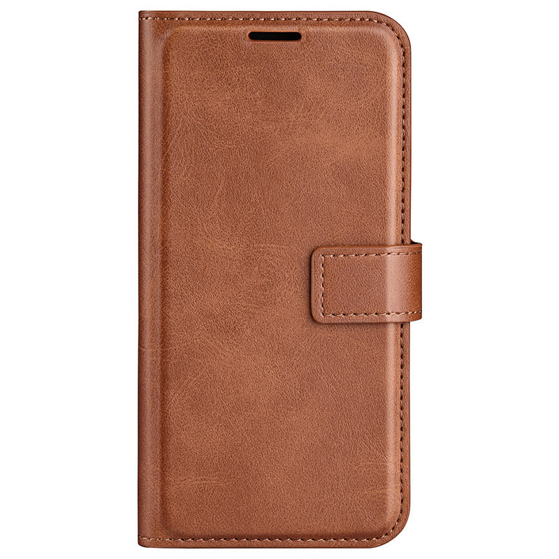 For iPhone 16 Plus Case Calf Texture PU Leather Phone Cover with Card Holder Stand - Light Brown