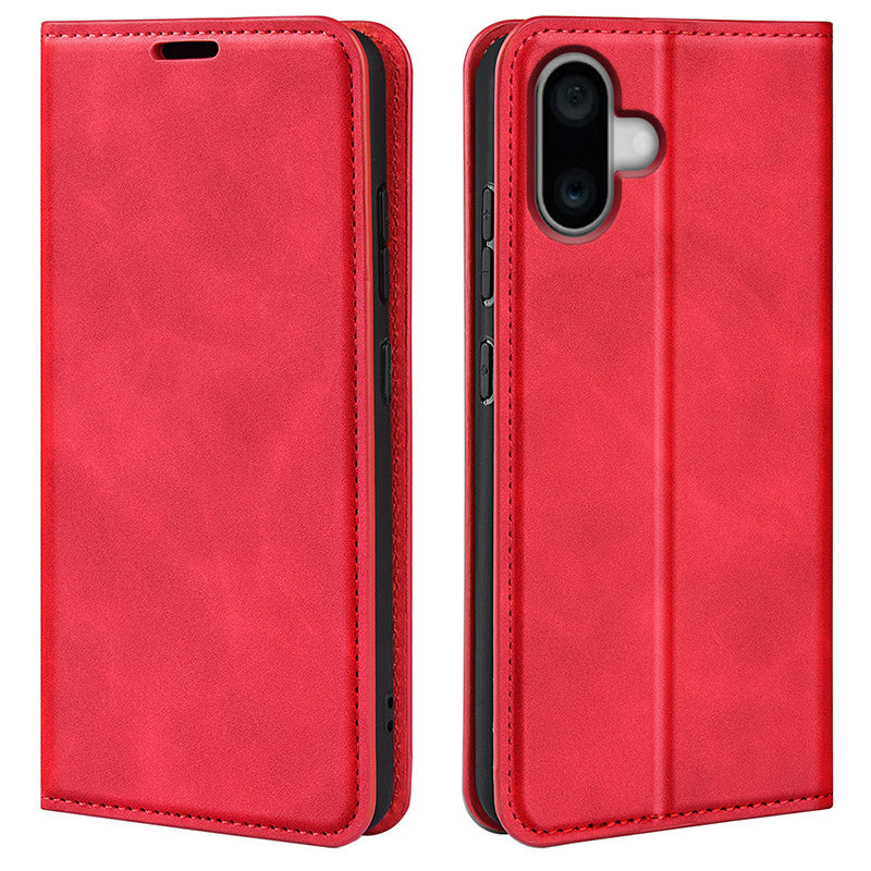 For iPhone 16 Case Card Slots Wallet Skin-Feel PU Leather Phone Cover - Red