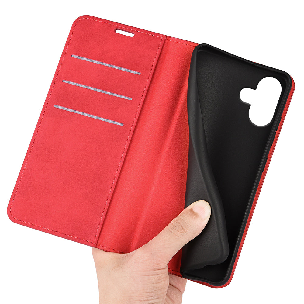 For iPhone 16 Case Card Slots Wallet Skin-Feel PU Leather Phone Cover - Red