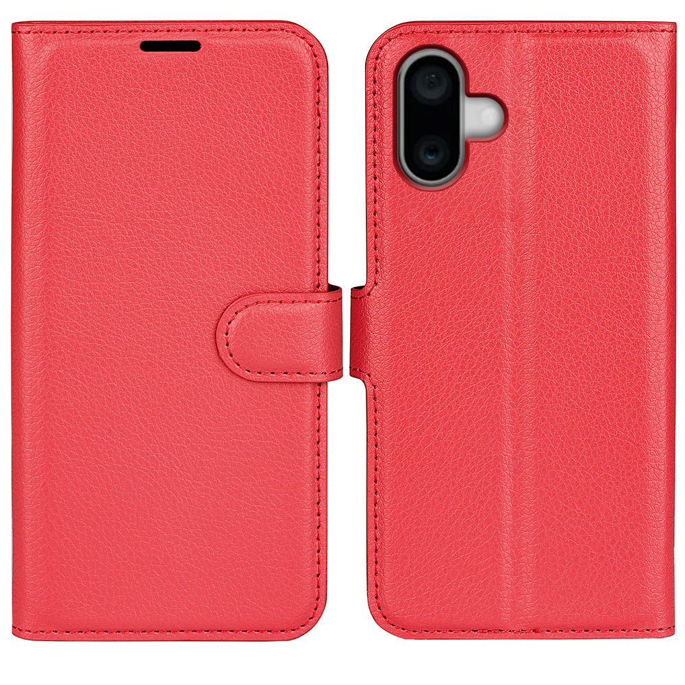 For iPhone 16 Case Wallet Leather Phone Cover Litchi Texture - Red