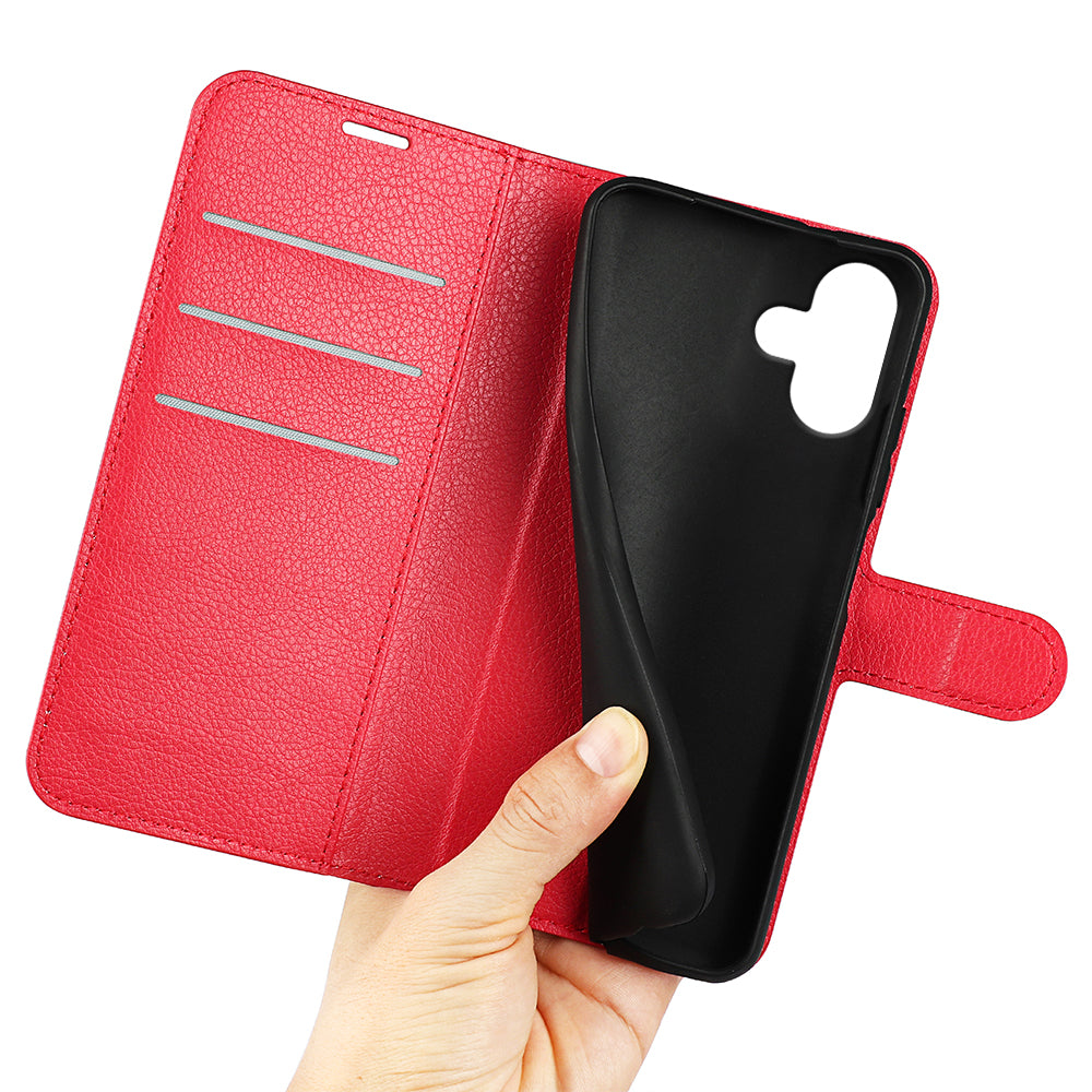 For iPhone 16 Case Wallet Leather Phone Cover Litchi Texture - Red