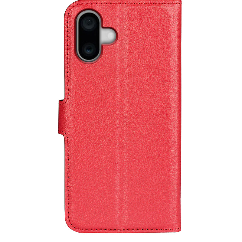 For iPhone 16 Case Wallet Leather Phone Cover Litchi Texture - Red