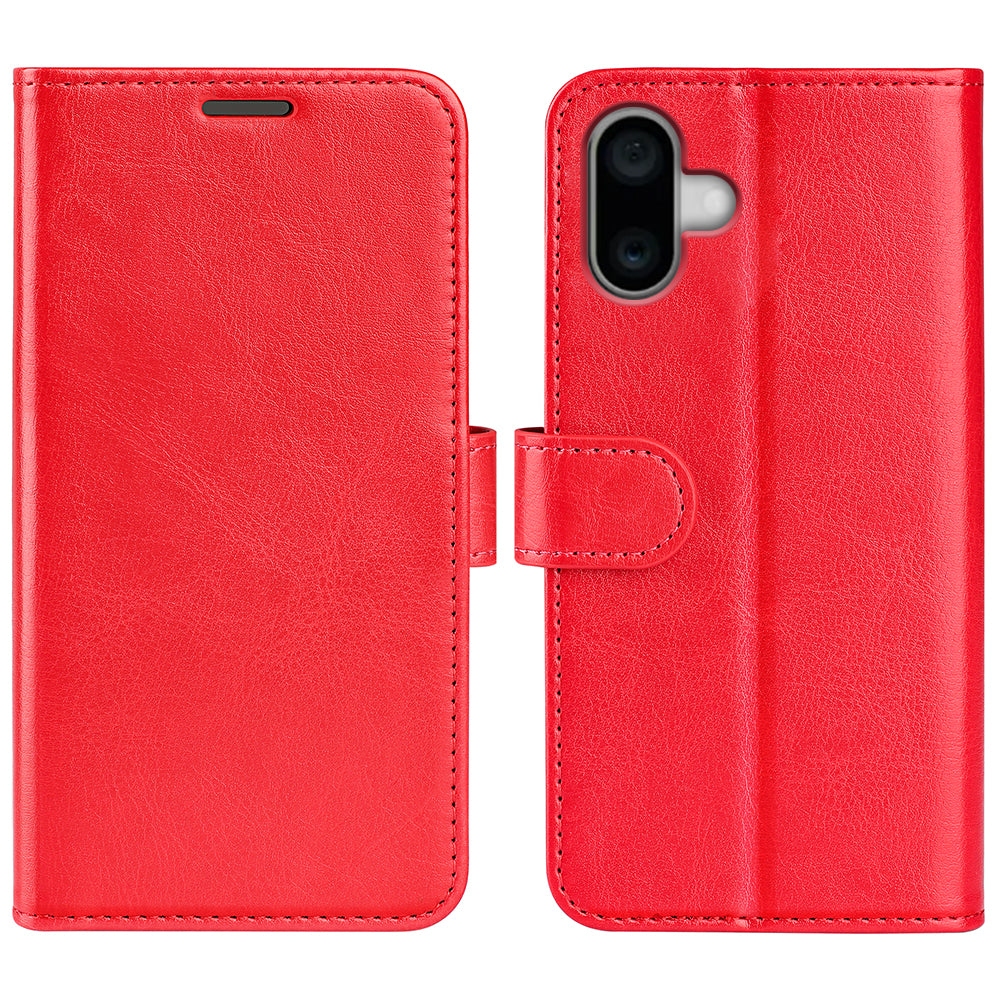 For iPhone 16 Case Crazy Horse Texture Leather Phone Cover Horizontal Viewing Stand - Red