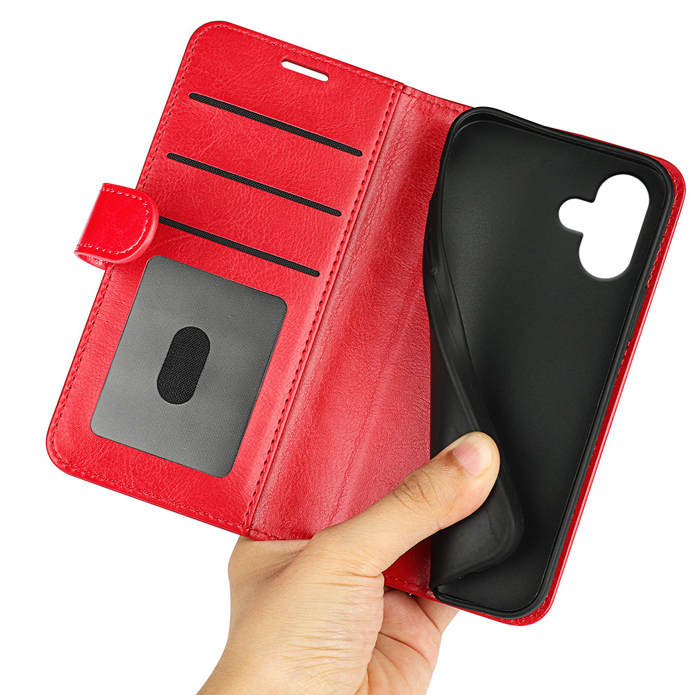 For iPhone 16 Case Crazy Horse Texture Leather Phone Cover Horizontal Viewing Stand - Red