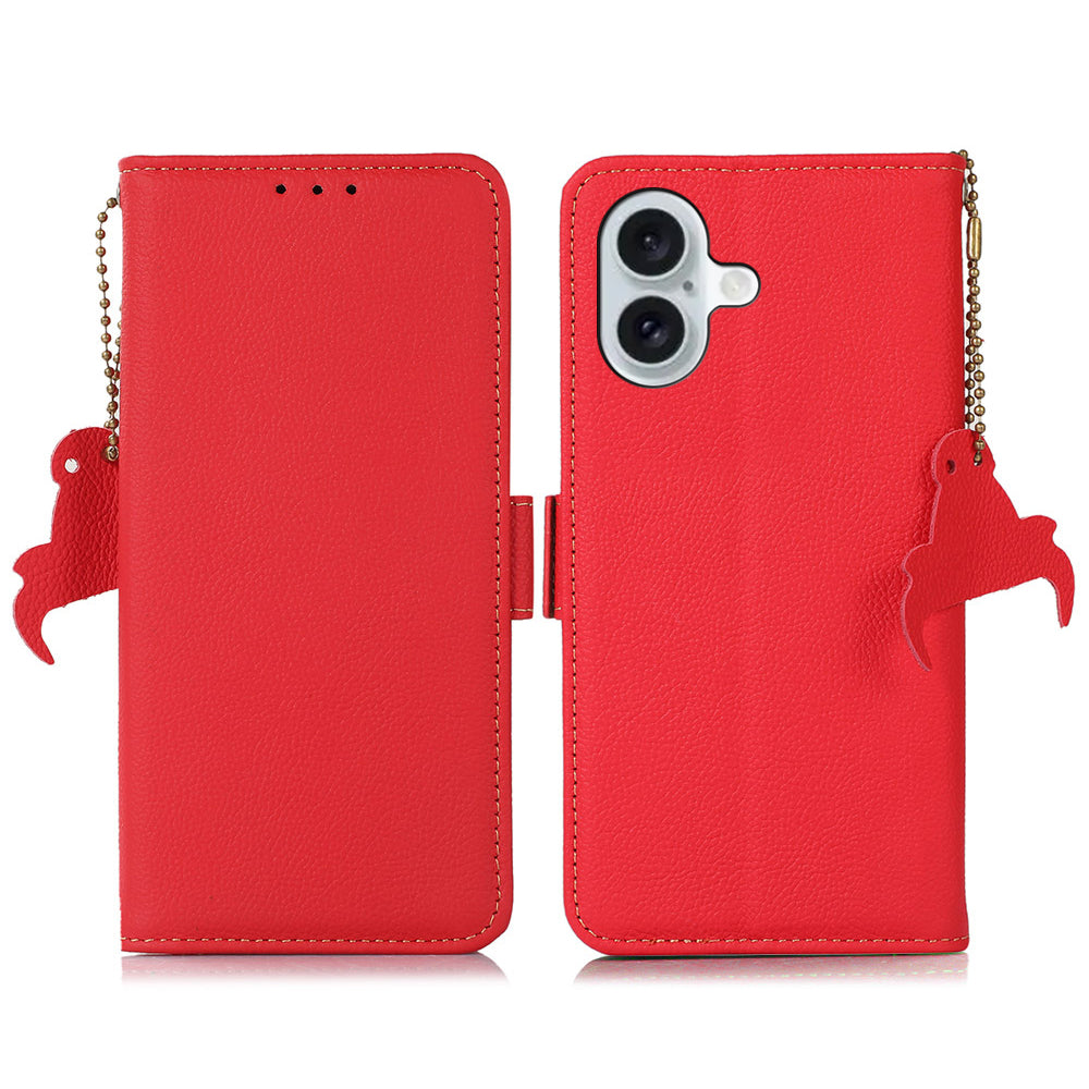 TJ For iPhone 16 Case RFID Blocking Genuine Cow Leather Phone Cover with Wallet Stand -  Red