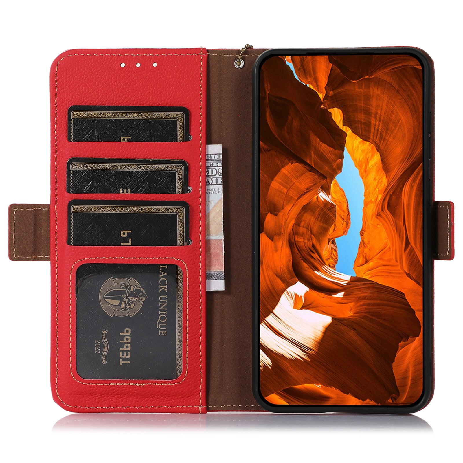 TJ For iPhone 16 Case RFID Blocking Genuine Cow Leather Phone Cover with Wallet Stand -  Red