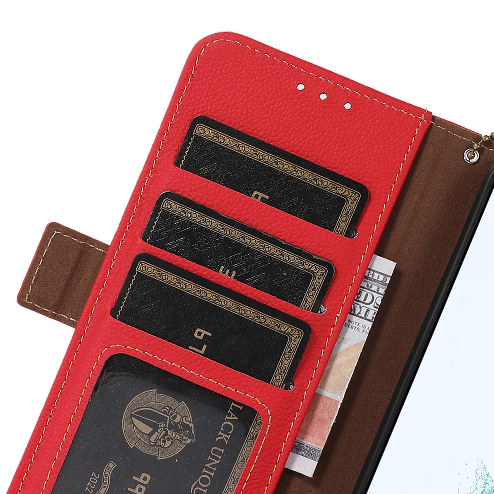 TJ For iPhone 16 Case RFID Blocking Genuine Cow Leather Phone Cover with Wallet Stand -  Red