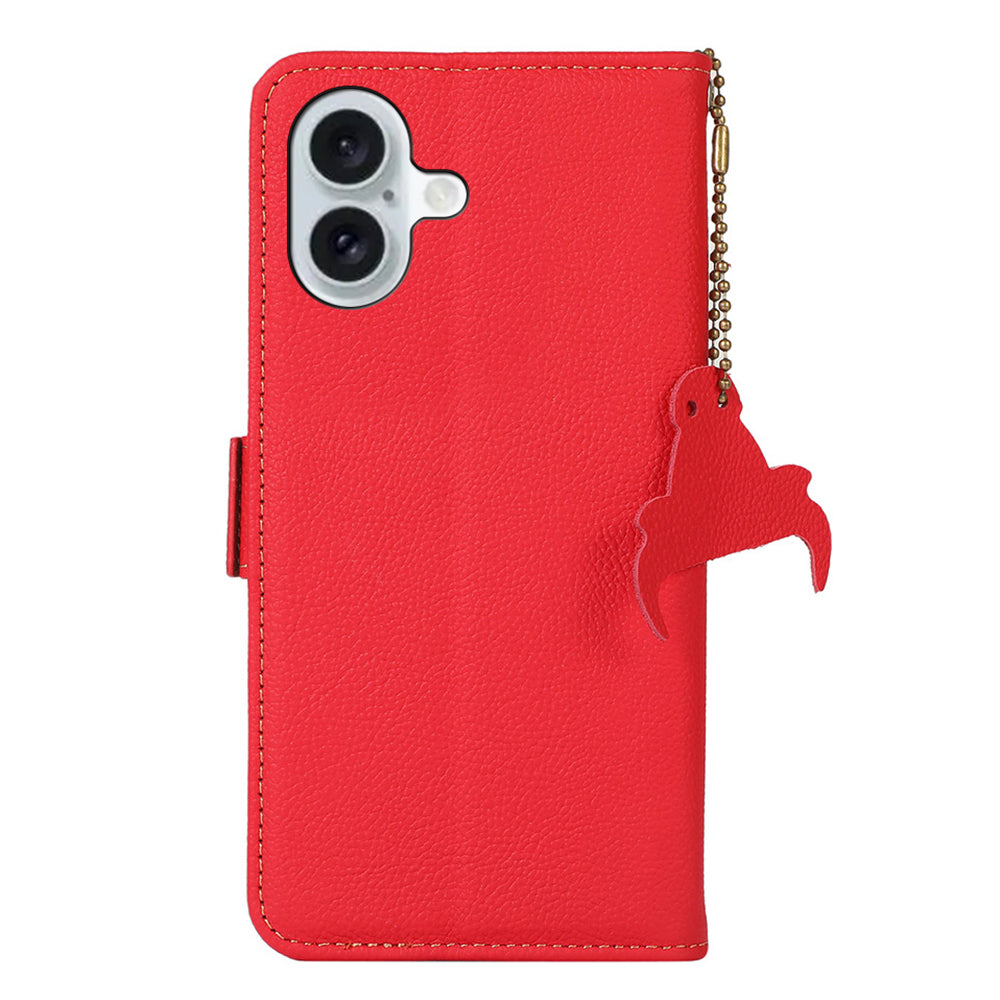 TJ For iPhone 16 Case RFID Blocking Genuine Cow Leather Phone Cover with Wallet Stand -  Red