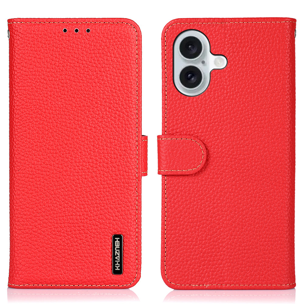 KHAZNEH For iPhone 16 Case Genuine Cow Leather Phone Cover Litchi Texture - Red