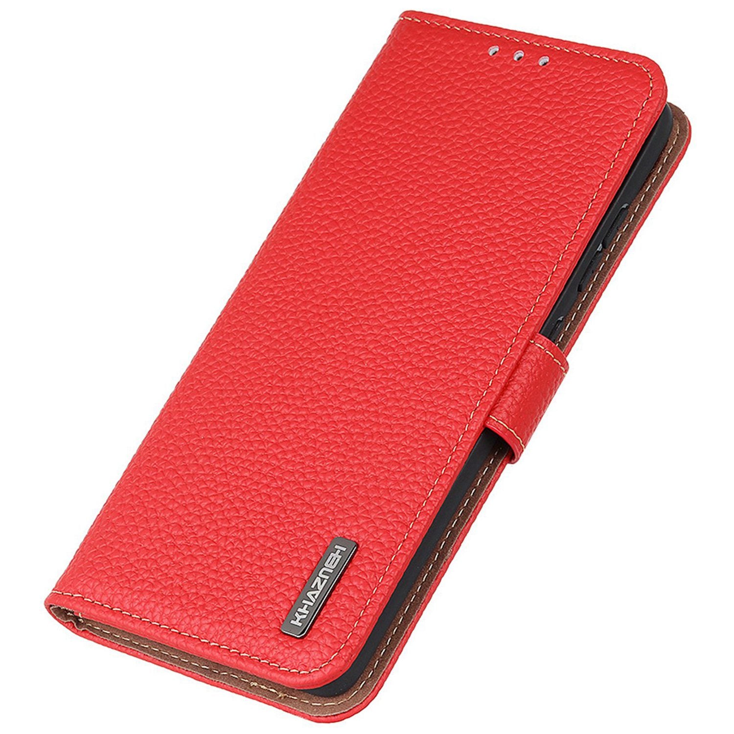 KHAZNEH For iPhone 16 Case Genuine Cow Leather Phone Cover Litchi Texture - Red