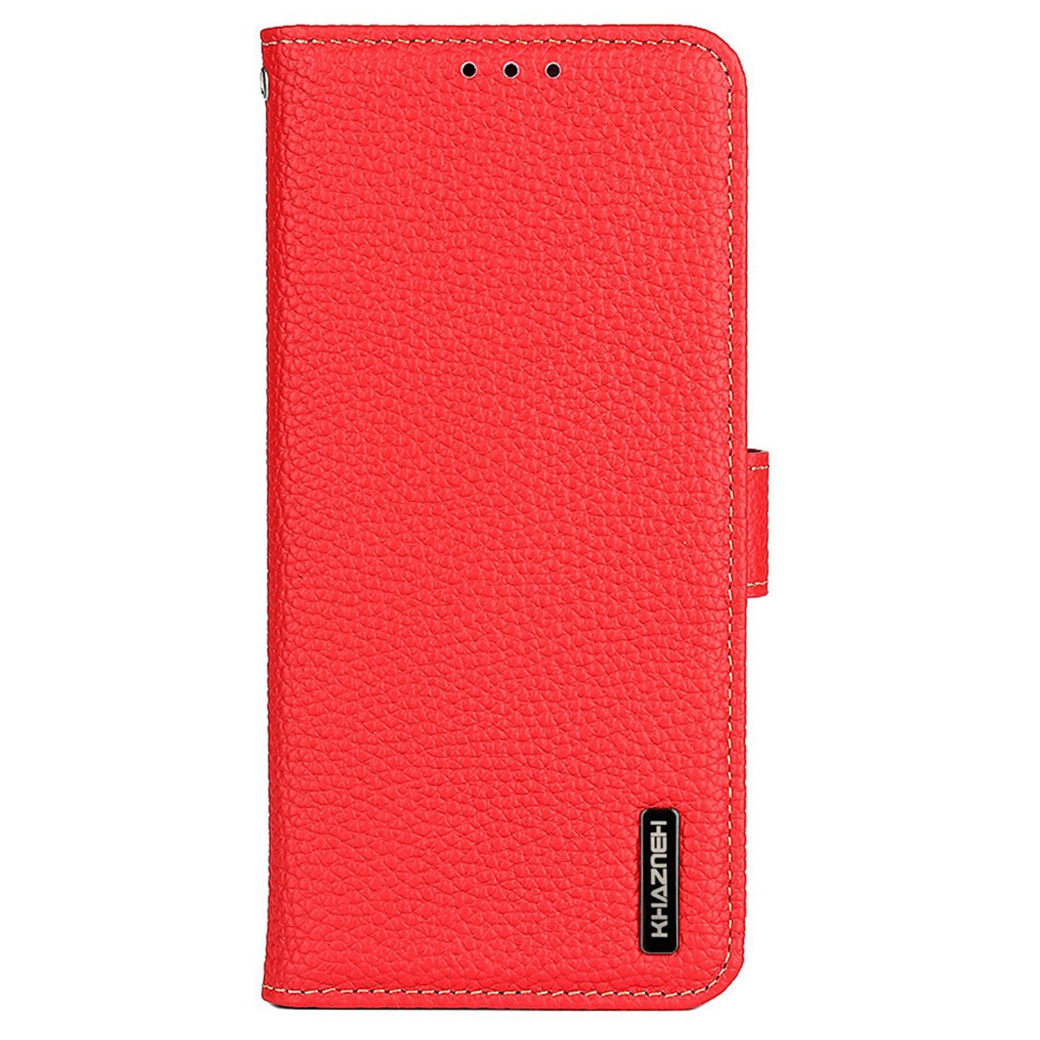 KHAZNEH For iPhone 16 Case Genuine Cow Leather Phone Cover Litchi Texture - Red