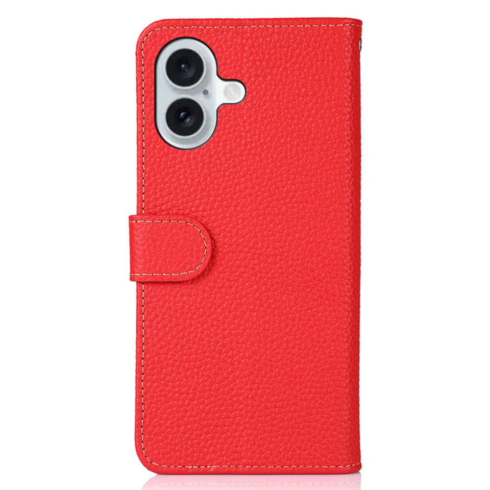 KHAZNEH For iPhone 16 Case Genuine Cow Leather Phone Cover Litchi Texture - Red