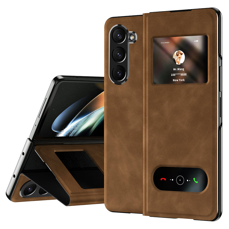 For Samsung Galaxy Z Fold6 5G Case Skin-touch PU Leather View Window Phone Cover - Brown