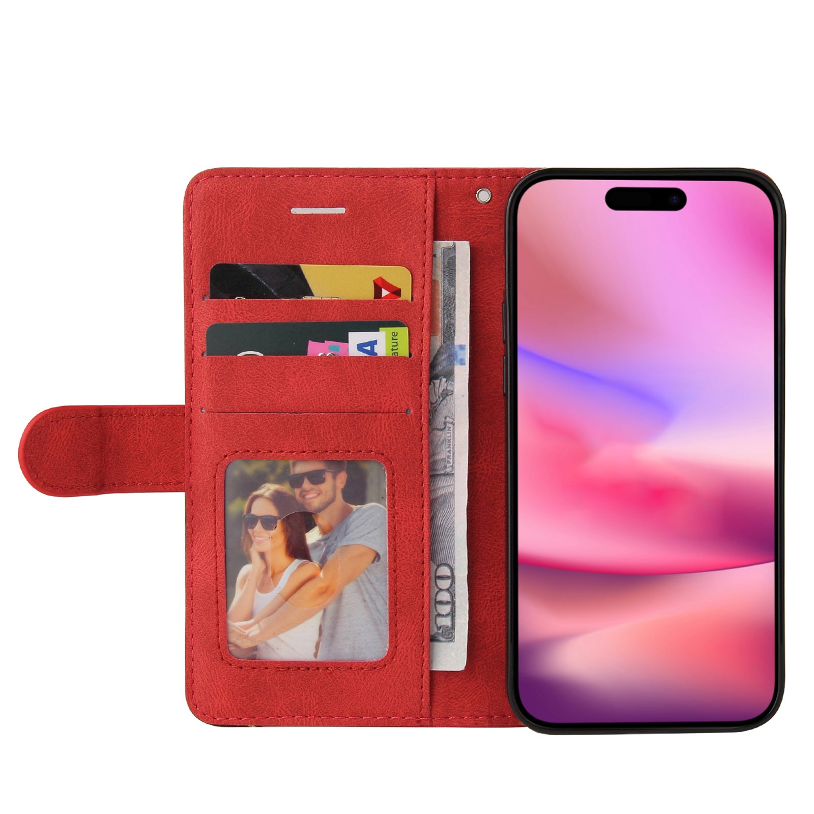 KT Leather Series-1 For iPhone 16 Case Color Splicing Wallet PU Leather Phone Cover -  Red