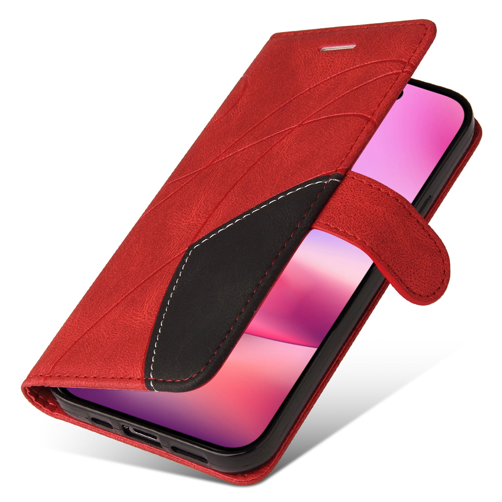 KT Leather Series-1 For iPhone 16 Case Color Splicing Wallet PU Leather Phone Cover -  Red